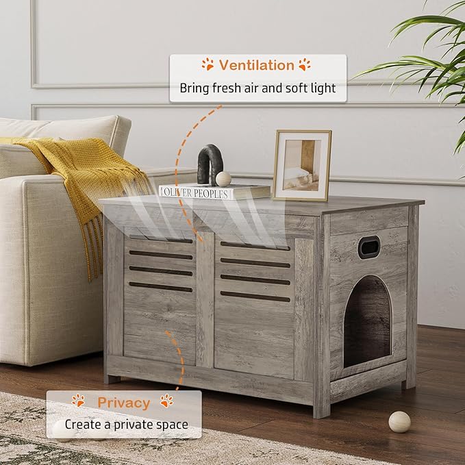 DINZI LVJ Litter Box Enclosure, Flip Top Litter Box Furniture, Hidden Cat Washroom, Wooden Cat House, End Table, 31.5" L x 19.7" W x 19.7" H, Good Ventilation, Easy to Assemble, Gray Wash