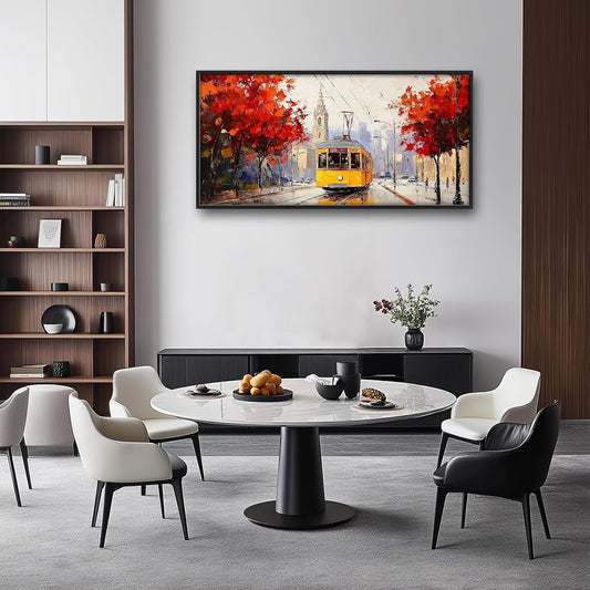 Large Cityscape Wall Art for Living Room, Framed Oversized Urban Tram Wall Decor Tree Landscape Canvas Painting Modern Artwork for Living Room Bathroom Bedroom Office Dining Room 60"x30"