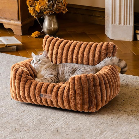 MEWOOFUN Cat Beds for Indoor Cats, Fluffy Cat Couch with Removable Washable Cover, Supportive Small Dog Beds for Puppy & Kitten up to 15 lbs (Brown, 24x19x12)