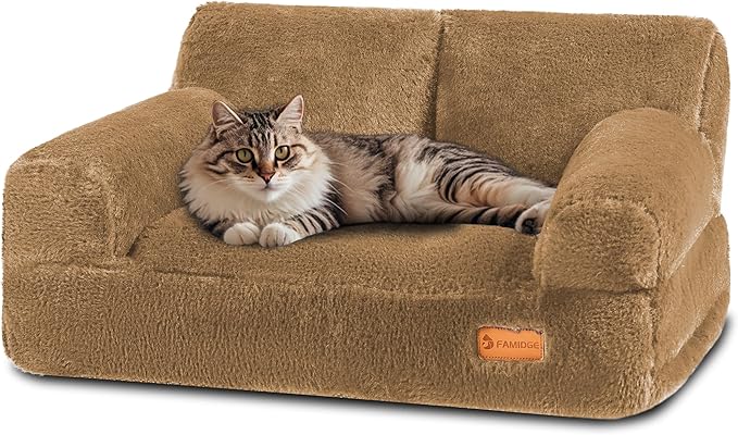 Cat Couch Bed - Cat Bed for Indoor Cats, Calming Pet Sofa Puppy Sleeping Bed with Removable Washable Cover, Cute Dog Couch and Kitty Lounge Chair for 20lbs Cats & Small Dogs(Brown)