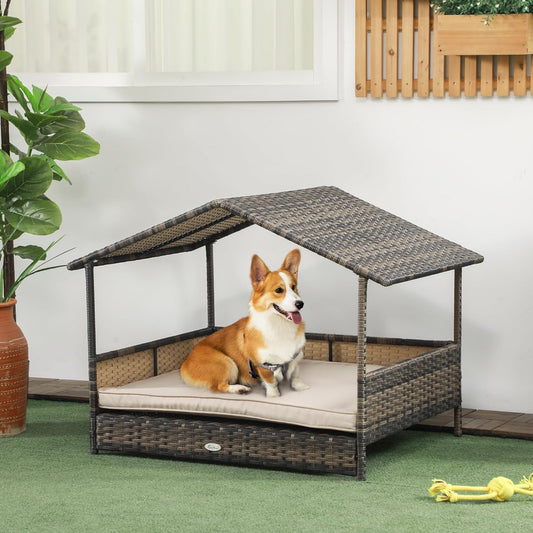 PawHut Wicker Dog House Outdoor with Canopy, Rattan Dog Bed with Water-Resistant Cushion, Raised Dog Bed for Small, Medium Dogs up to 66 lbs, 19.75" in Length, Brown Wicker, Khaki Cushion