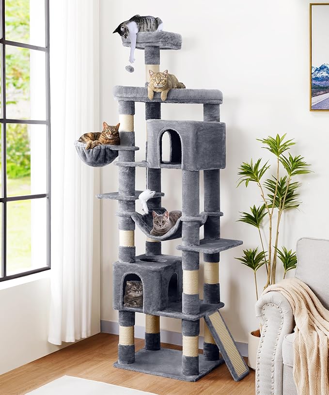 AMHANCIBLE Large Cat Tree, 83 Inch Multi-Level Tall Tower for Indoor Adult Cats, with Scratching Post and Board, Hammock, Condos, Hanging Basket, Activity Center to Play and Sleep, Grey, PT21GY