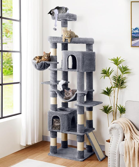 AMHANCIBLE Large Cat Tree, 83 Inch Multi-Level Tall Tower for Indoor Adult Cats, with Scratching Post and Board, Hammock, Condos, Hanging Basket, Activity Center to Play and Sleep, Grey, PT21GY