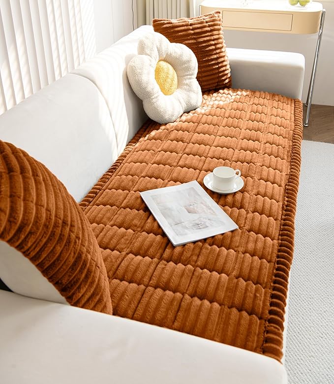 Faux Fur Plush Dog Couch Cover 3D Stripe Fuzzy Sofa Cover Non-Slip Fluffy Dog Bed Cover Pet Blanket Sofa Couch Furniture Protector for Puppy Large Dog Cat (Brown,28"x70")