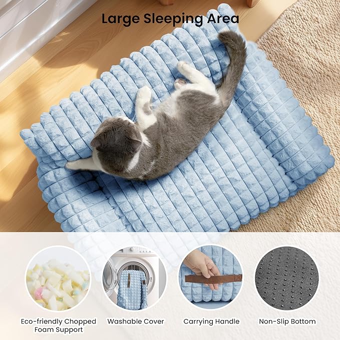 Cute Cat Couch Bed – Supportive & Fluffy Pet Sofa with Faux Rabbit Fur Washable Cover in 3D Diamond Pattern, 24" Light Blue