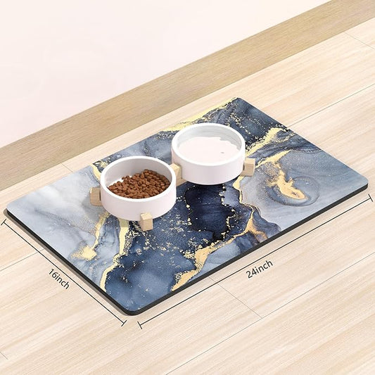 Rnivvi Dog Food Mat, 16" x 24" Marble Absorbent Dog Cat Bowl Mat for Food and Water, Cute Anti-Slip Rubber Pet Feeding Rug Protect Floors, Puppy Placemat for Feeding & Watering Supplies, Grey