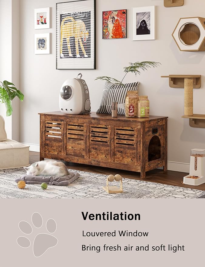 DINZI LVJ Litter Box Enclosure Furniture for 2 Cats, Top Opening Hidden Litter Box with Double Rooms, Dual Cat House with Good Ventilation, 47.2" Wooden Cat Washroom, Box Cabinet, Rustic Brown