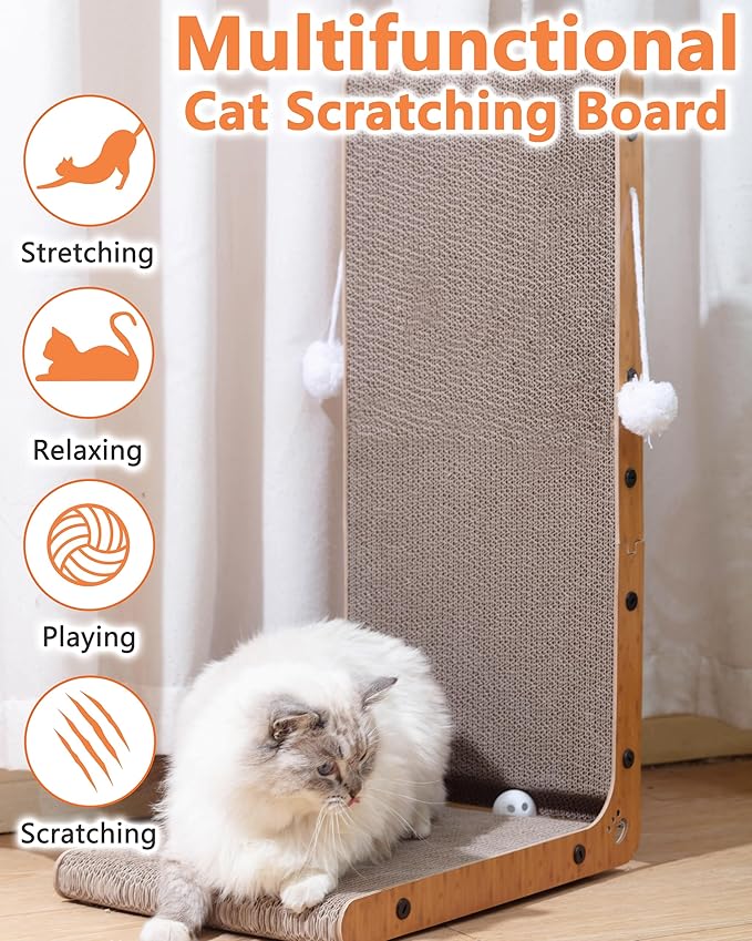 Megidok Cat Scratcher, 26.7" L Shape Cat Scratch,Vertical Cat Scratching Board,Cat Scratch Pad Wall-Mounted,Cats Scratching Cardboard with Ball Toy