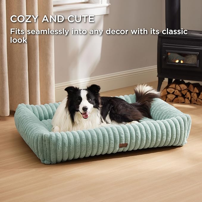 Bedsure Washable Dog Bed for Large Dogs - Cute Furry Puppy Beds, Rectangle Orthopedic Corduroy Fleece Pet Beds with Removable Zipper Cover, 43x30x8inches, Green