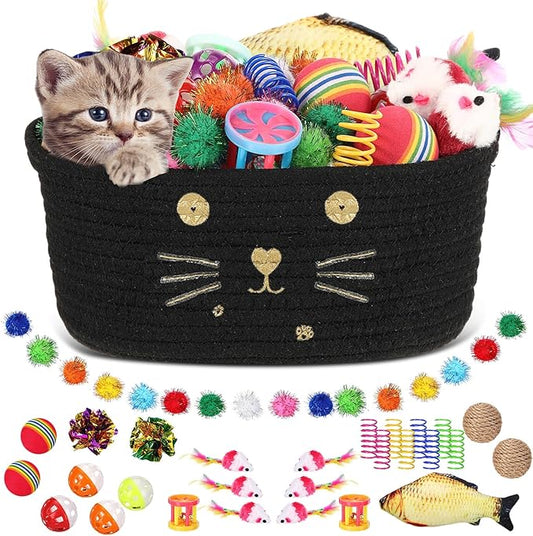 Zopeal 58 Pcs Cat Storage Basket Gift Toys Set, Colorful Flashing Balls Pet Bell Crinkle Balls Spring Toys Attract Cat to Swat, Bite, Hunt, Interactive for Pet(Black,9.8 Inch)