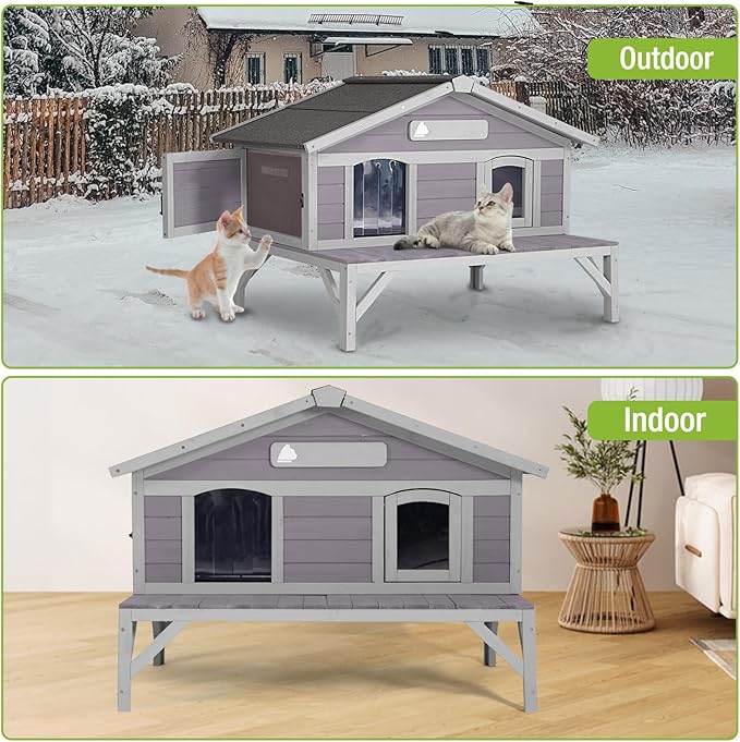 GUTINNEEN Insulated Outdoor Cat House Weatherproof with Detachable 100% Insulated Liner, 3 Entry Doors, Elevated Base & UV/Rain Protection - Indoor/Outdoor Kitty Shelter for Small-Medium Pets