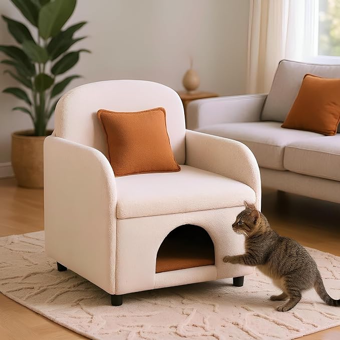 Merax 2 in 1 Pet Friendly Sherpa Upholstered Sofa Chair, Leisure Armchair, Fluffy Fabric with Lumbar Pillow for Living Room Bedroom Home and Office, Cream White