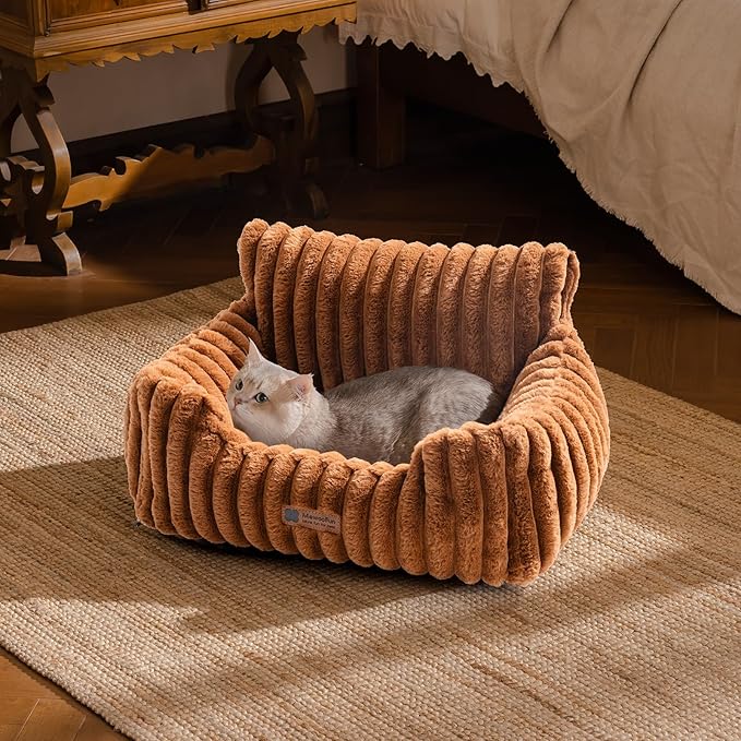 MEWOOFUN Cat Beds for Indoor Cats, Fluffy Cat Couch with Removable Washable Cover, Supportive Small Dog Beds for Puppy & Kitten up to 15 lbs (Brown, 24x19x12)