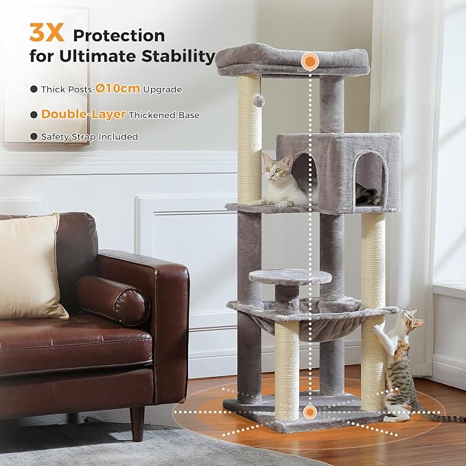 Large Cat Tree for Indoor Cats Large Adult, 57.8" Heavy Duty Cat Tower with Reinforced Scratching Posts (φ3.7in) and Plush Larger Hammock for Maine Coon & Big Cats, Supports 30lbs, Grey