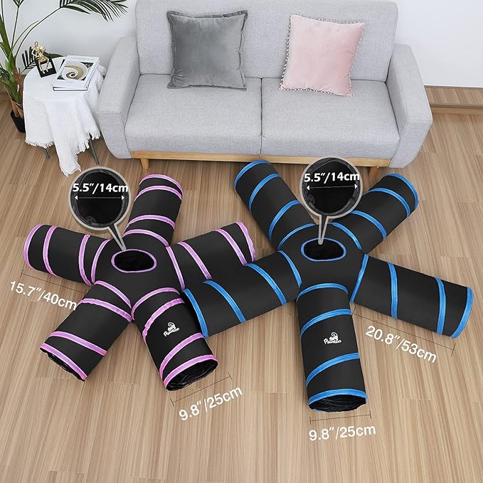 Pawaboo Cat Toys, Cat Tunnel Tube 5 Way Tunnels 25x53cm Extensible Collapsible Play Tent Interactive Toy Maze Cats House with Balls and Bells for Cats Kitten Kitty Rabbit Small Animal, Blue