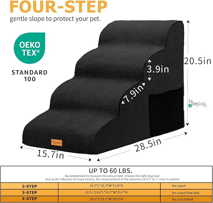 Topmart High Density Foam Dog Steps 4 Tiers,Extra Wide Deep Pet Steps,Non-Slip Dog Stairs Ramp for Bed,Soft Foam Cat Ladder,Best for Older Injured,Older Pets,Cats with Joint Pain