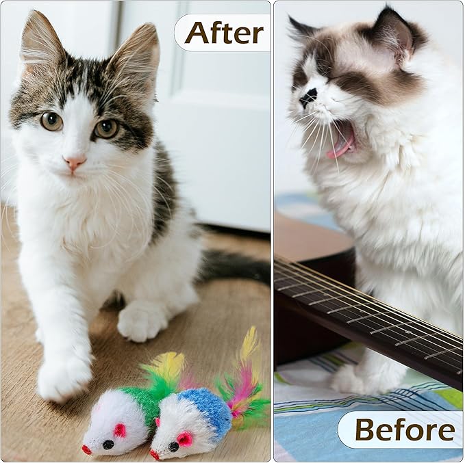 20 PCS Furry Cat Toys Squeak Mouse Rattle Mice Cat Catcher Pet Toys with Feather Tails (Random Color)