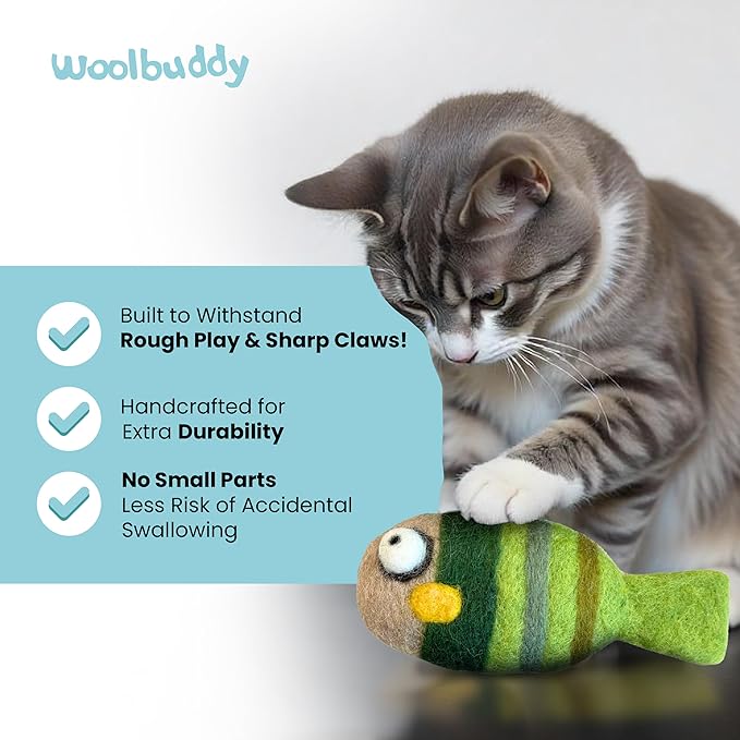 Woolbuddy 𝗡𝗲𝗲𝗱𝗹𝗲 𝗙𝗲𝗹𝘁𝗶𝗻𝗴 𝗞𝗶𝘁 𝗳𝗼𝗿 𝗕𝗲𝗴𝗶𝗻𝗻𝗲𝗿𝘀 DIY Cat Toys Set (3-Pack) – Handmade Felted Fish, Wool Felting Kit for Cats, Soft Enrichment Toys, No Catnip