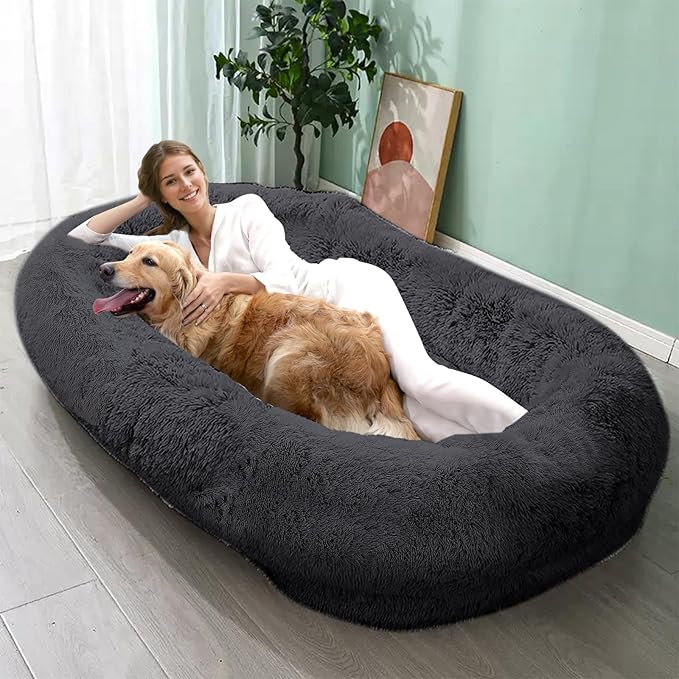 JOLLYVOGUE Human Dog Bed for Adults and Pets, Ultra-Soft Plush Giant Dog Bed with Egg Crate Foam, Non-Slip Base, and Machine Washable Cover - Ideal for Relaxation and Napping, Dark Grey