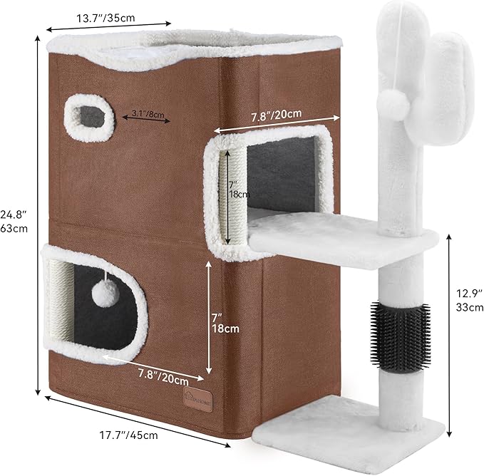 YITAHOME 2-Tier Cat House, Cat Beds for Indoor Cats, Small Cat Condo with Highway Cave, Scratch & Itching Post, Clmibing Stand, Modern Cat Cube Playhouse for Multi Kittens, Brown