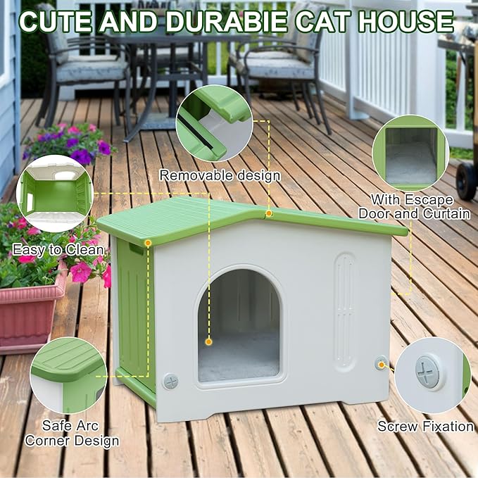 Plastic Cat House for Outdoor Use, Stackable Feral Cat Shelter Indoor Outside Cat House Insulated Weatherproof Waterproof with Cat Mat - Green