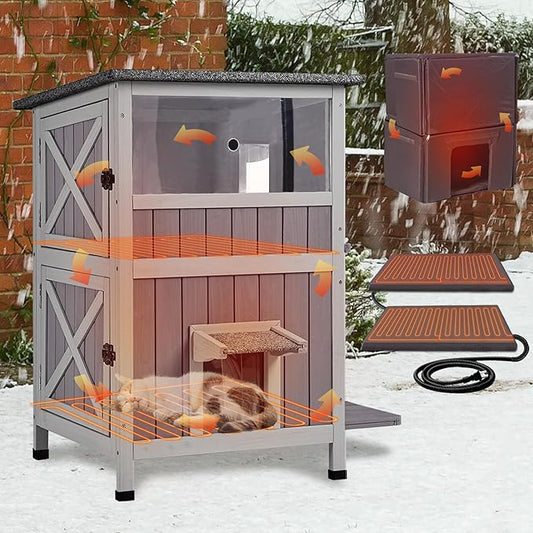 GUTINNEEN 2-Story Heated Cat House, Insulated Cat House Outdoor with Electric Heating Blanket, Waterproof Wooden Cat Shelter with Bite-Resistant Wires