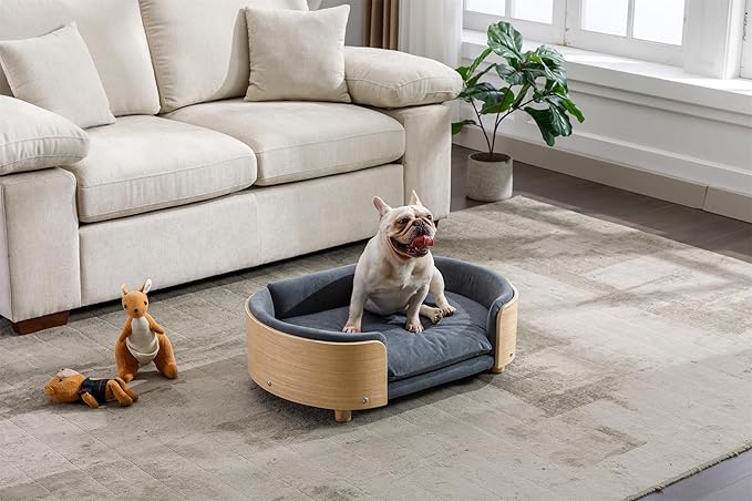 HomSof 30.7" Scandinavian Style Elevated Dog Bed Pet Sofa with Solid Wood Legs and Bent Wood Back,Velvet Cushion,Mid Size,Dark Grey