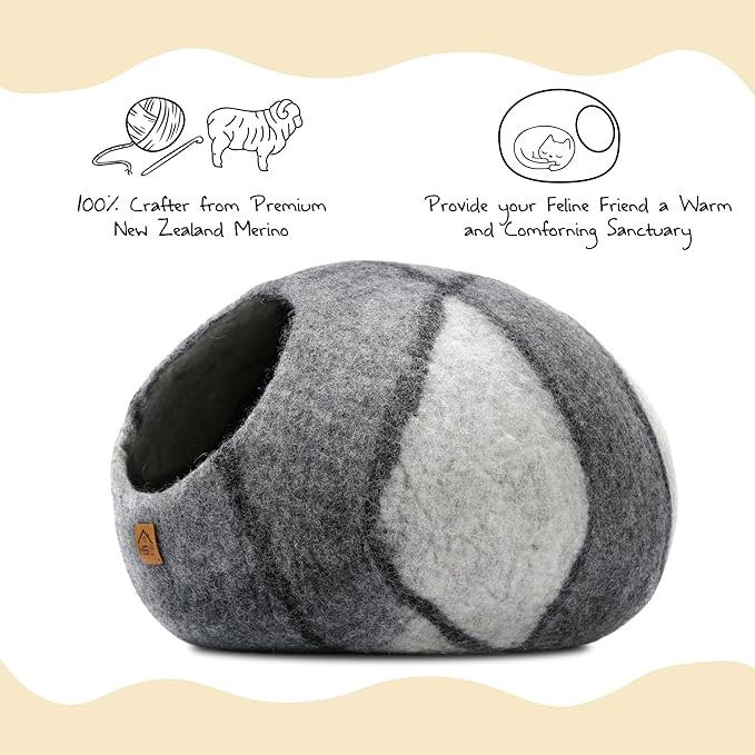 Large Wool Cat Cave Premium Felt Bed for Cats & Kittens Pet House Natural 100% Merino Wool Handmade Indoor Hideaway Eco-Friendly Cove 19 Inch Diameter Round Handcrafted Dome (Large Gray White)