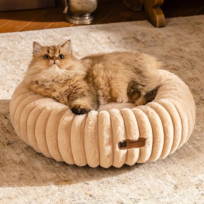MEWOOFUN Cat Bed, Washable Beds for Indoor Cats, Cute Donut Bed Fluffy Pet Bed with Non-Slip Bottom, Calming Round Bed for Puppy and Kitten (Light Brown)