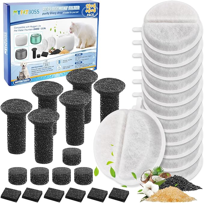 12 Set Cat Water Fountain Filter Replacement - Compatible With 84oz/2.5L Automatic Pet Fountain for Dogs (Includes 18 Foam/Sponge Mufflers)