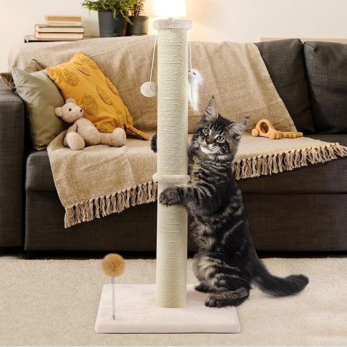 36 Inch Tall Cat Scratching Post – Sisal Cat Scratcher for Indoor Cats, Large Vertical Scratch Post, Sturdy Cat Scratch Pole Tower, Modern Cat Furniture for Kittens & Adults (Beige)