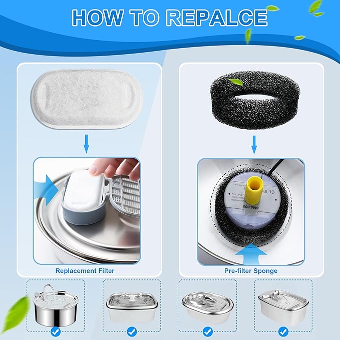 Cat Water Fountain Filters, 20Pack Cat Fountain Replacement Filters for Stainless Steel 108oz/3.2L& 67oz/2L adjustable Water Flow Pet Water Fountain,Dog Water Fountain Filters（10 Filters& 10 Sponges)