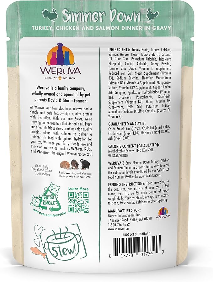 Weruva Classic Cat Stews!, Simmer Down with Turkey, Chicken & Salmon in Gravy, 3oz Pouch (Pack of 12)