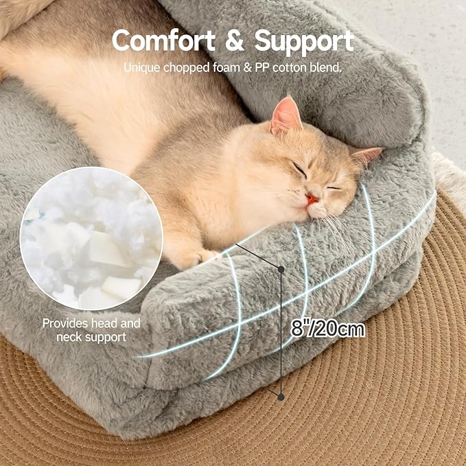 MEWOOFUN Cat Bed for Indoor Cats, Fluffy Cat Sofa for Small Pets with Removable Washable Cover, Cute Cat Couch with Non-Slip Bottom (Grey, 22x15x10)