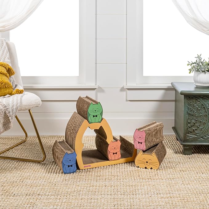 CSR1005A Kazoku 15.63" Modern Cardboard 5-in-1 Family Cat Cave Scratcher with Catnip and Pull-Out Design, Multi-Colored