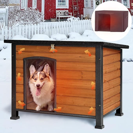 GUTINNEEN Large Insulated Dog House for Winter Outdoor Dog Kennel with Anti-Chewing Metal Frame for Small to Medium Dogs,Brown