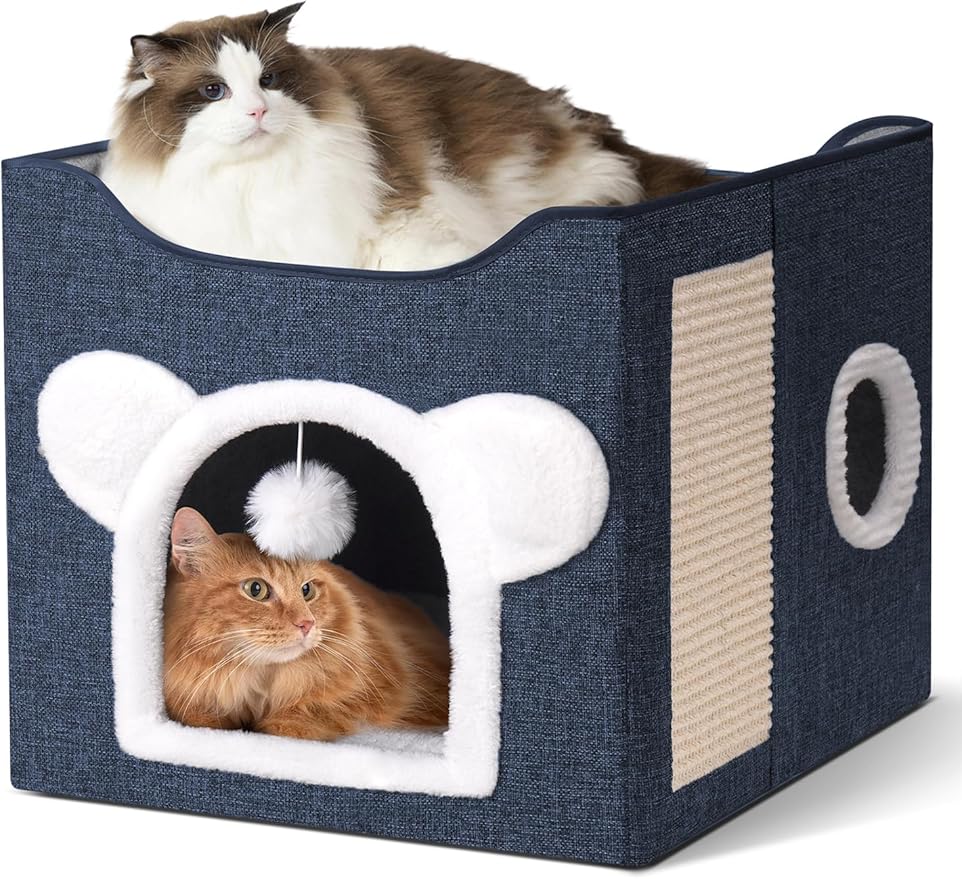 Cat Houses for Indoor Cats, Large Cat Cave with Fluffy Ball and Scratch Pad, Covered Cat Bed House, Foldable Cat Hideaway