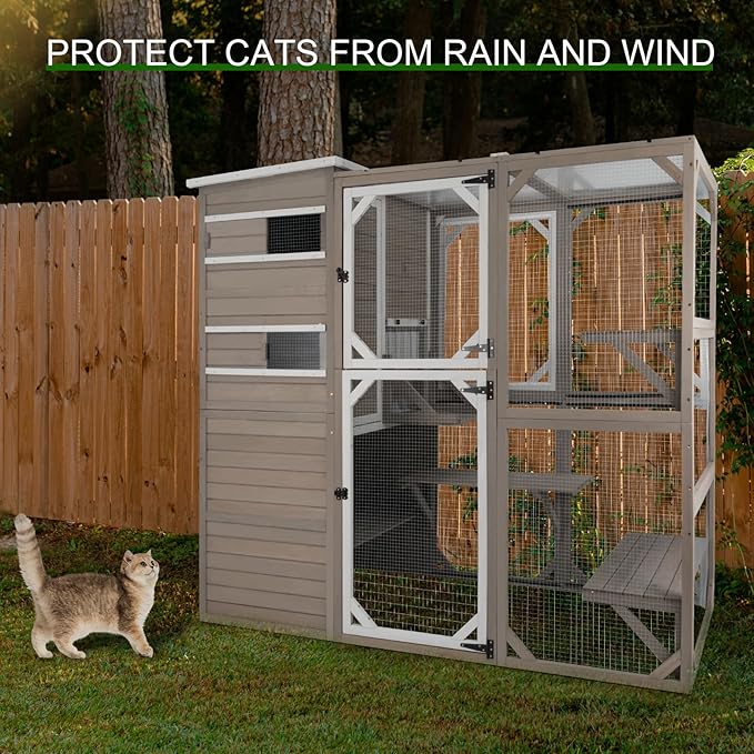 Catio Cat Enclosure Outdoor, Large Cat House Outdoor Weatherproof Attached to Window for Multi Cats, Asphalt and UV Protection Roofs, Multi Platforms-71 H 77" L
