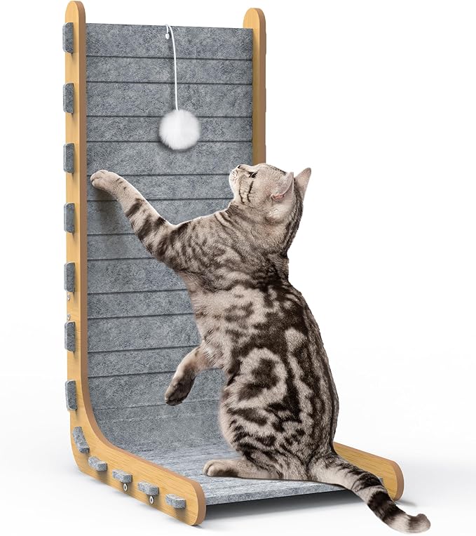 Felt Cat Scratcher for Indoor Cats, 26.8 Inches L Shape Scratching Board Vertical Cat Scratch Post with Fluffy Ball Hanging, Scratch Resistant Felt Cat Scratching Pad, Large