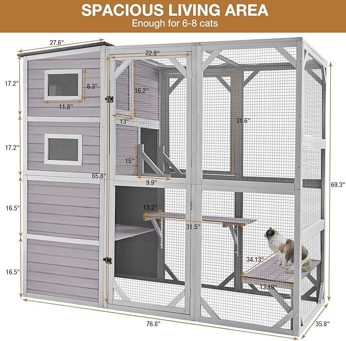 Catio Cat House Outdoor Kitty Enclosures 77" Large Cat Home with Run Cat Cage with Platforms Kitty Playpen,4 Tiers