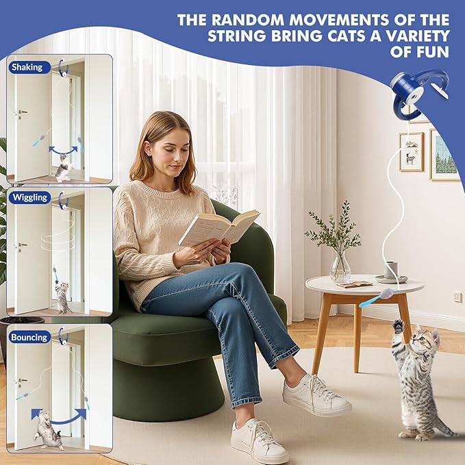 Interactive Cat Toys for Indoor Cats, Automatic Electric Flying Bird Feather Wand Toy, Best Kitten & Adult Cat Enrichment Toy Hanging Electric Kitty Toys for Bored Cats, Dark Blue