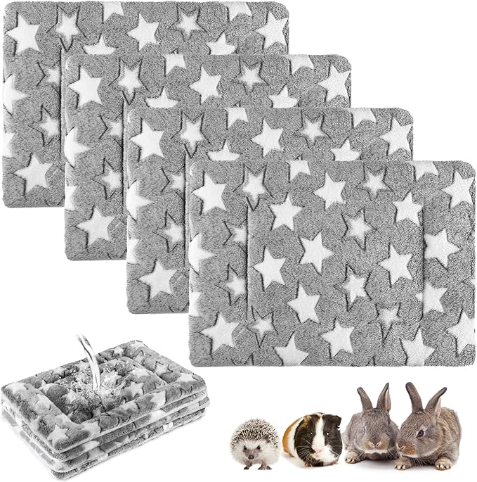 Haull 4 Pcs Waterproof Guinea Pig Bedding Winter Guinea Pig Bed Plush Cage Liners Soft Dog Cat Mat Reversible Winter Cozy Animal Pee Pad Hamster Bed Mat for Bunny(Black White Star,13 x 10 Inch)