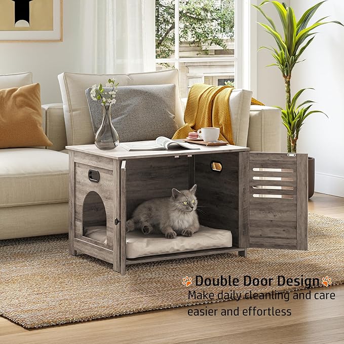 DINZI LVJ Litter Box Enclosure, Cat Litter House with Louvered Doors, Entrance Can Be on Left or Right Side, 31.5" Long Hidden Washroom for Most of Litter Box, Cat Furniture Cabinet, Greige