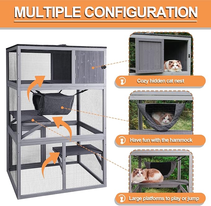 X-ZONE PET Catio Wooden Cat House, Outdoor 3 Floors Cat Enclosure, Indoor Large Kitten playpen with Hammock & Resting Box, Cat Cage Waterproof Roof