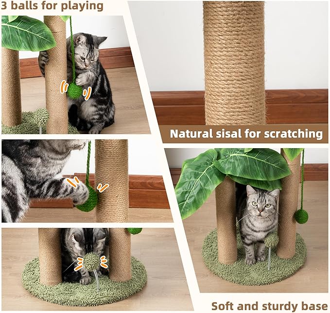 Cat Scratching Post 31.5" Palm Tree Cute Cat Tree with 3 Scratching Poles Sisal Hanging Balls Cat Scratcher for Kitten and Adult Cats