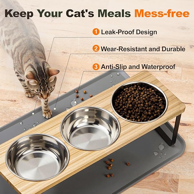 Elevated Cat Food Bowls with Mat Whisker Friendly, 15°Tilted Raised 3 Stainless Steel Cat Water Dishes Set for Anti Vomit, Pet Holder Stand Feeding Station for Indoor Kitten and Puppy