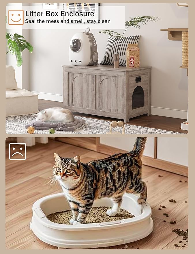 DINZI LVJ Cat Litter Box Enclosure, Flip Top Litter Box Furniture, Farmhouse Hidden Cat Washroom, Wooden Pet House, End Side Table, 31.5" L x 19.7" W x 19.7" H, Sturdy and Easy to Assemble, Greige