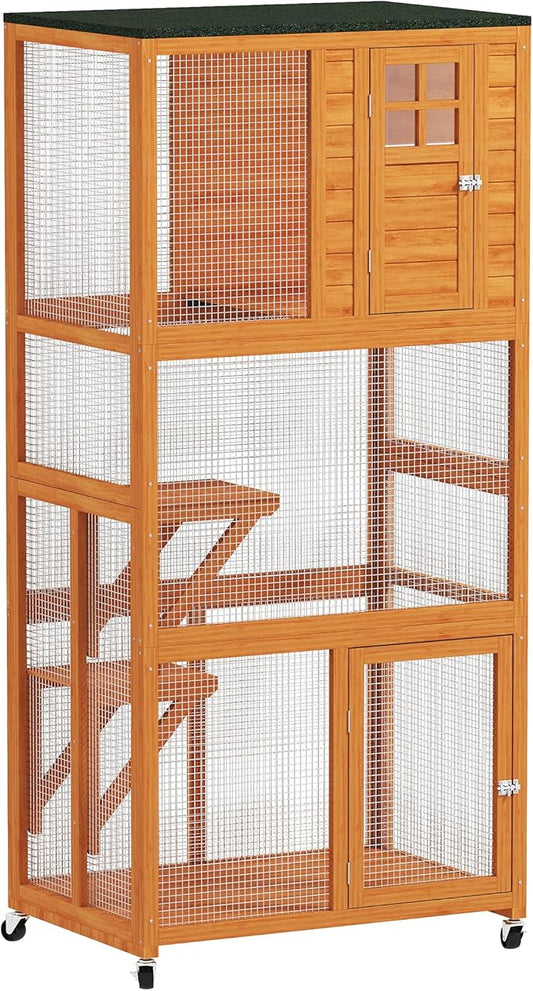 PawHut 74" Wooden Catio Outdoor Cat Enclosure Weatherproof & Wheeled, Outside Cat House with High Weight Capacity, Kitten Cage Condo, Orange
