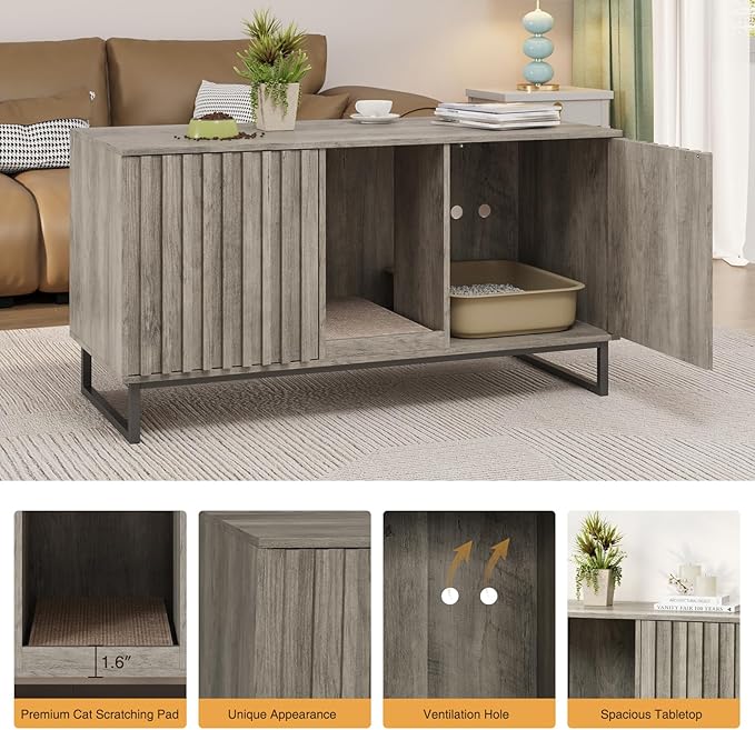 Cat Litter Box Enclosure for 2 Cats, 47.6’’ Litter Box Furniture Hidden with Scratch Pad, Double Room Large Cat Cabinet, Indoor Pet House TV Stand Side Table,Washroom,Grey