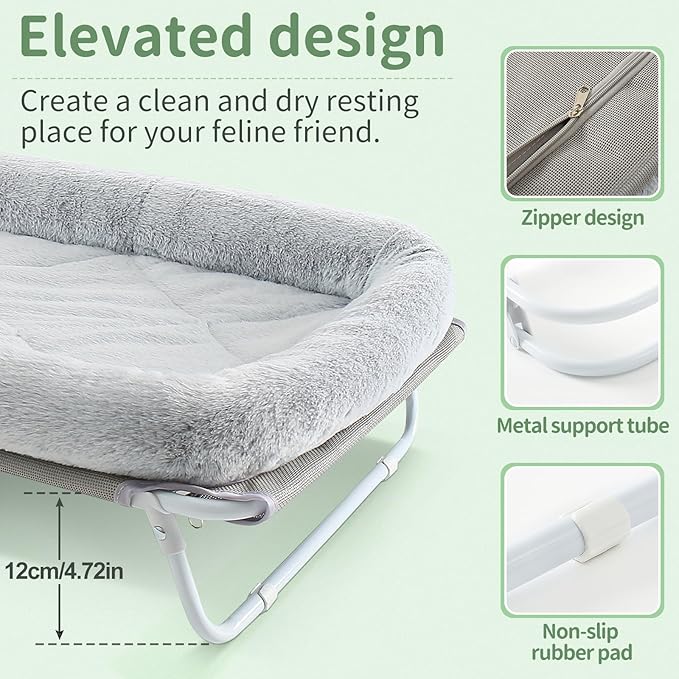 Sunhoo Elevated Cat Bed Foldable Raised Pet Hammock Self-Supporting Puppy Lounger with Off Floor Metal Frame Washable Cover for Small Dog Kitten Indoor Use 25.2x15.75x7.48 in（Grey）
